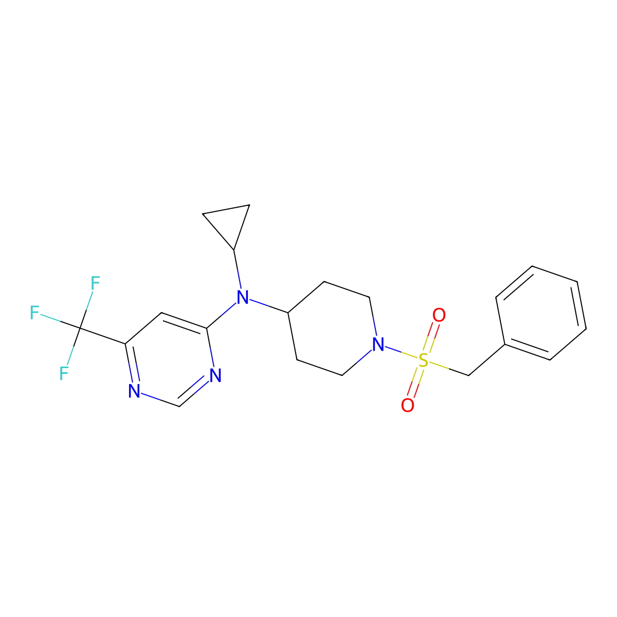N-cyclopropyl-N-(1-phenylmethanesulfonylpiperidin-4-yl)-6-(trifluoromethyl)pyrimidin-4-amine molecular structure, CAS 2380087-32-9