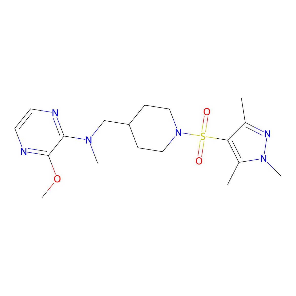 3-methoxy-N-methyl-N-({1-[(1,3,5-trimethyl-1H-pyrazol-4-yl)sulfonyl]piperidin-4-yl}methyl)pyrazin-2-amine molecular structure, CAS 2380087-34-1