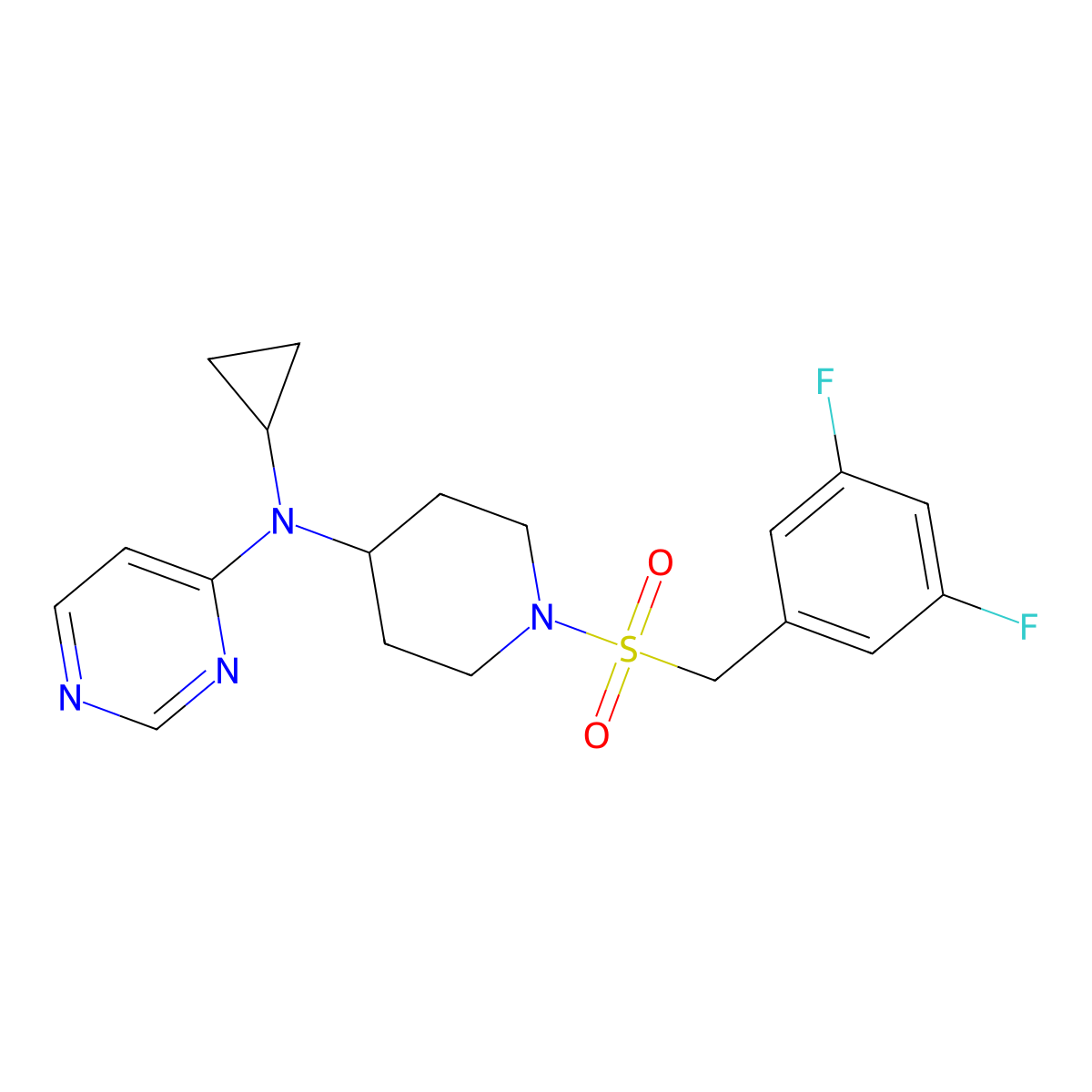 N-cyclopropyl-N-{1-[(3,5-difluorophenyl)methanesulfonyl]piperidin-4-yl}pyrimidin-4-amine molecular structure, CAS 2380087-55-6