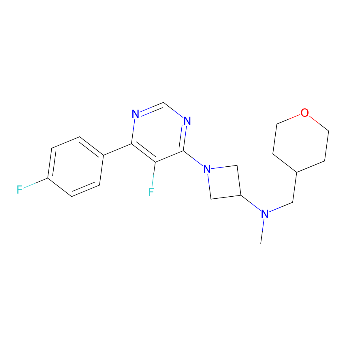 1-[5-fluoro-6-(4-fluorophenyl)pyrimidin-4-yl]-N-methyl-N-[(oxan-4-yl)methyl]azetidin-3-amine molecular structure, CAS 2380087-61-4