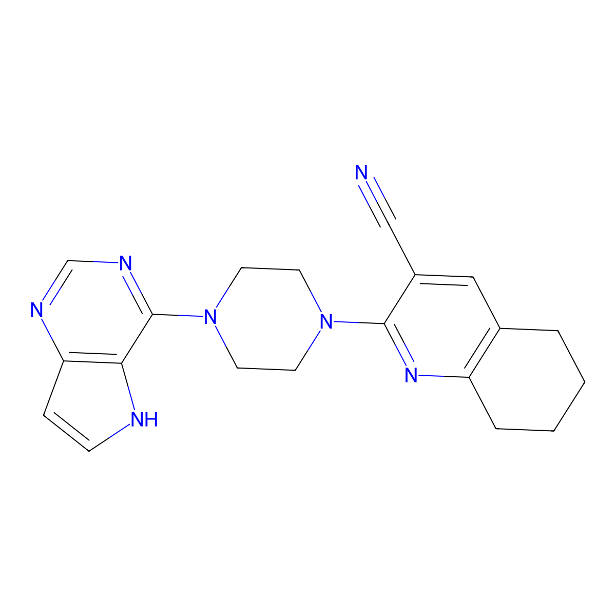 2-(4-{5H-pyrrolo[3,2-d]pyrimidin-4-yl}piperazin-1-yl)-5,6,7,8-tetrahydroquinoline-3-carbonitrile molecular structure, CAS 2380088-00-4