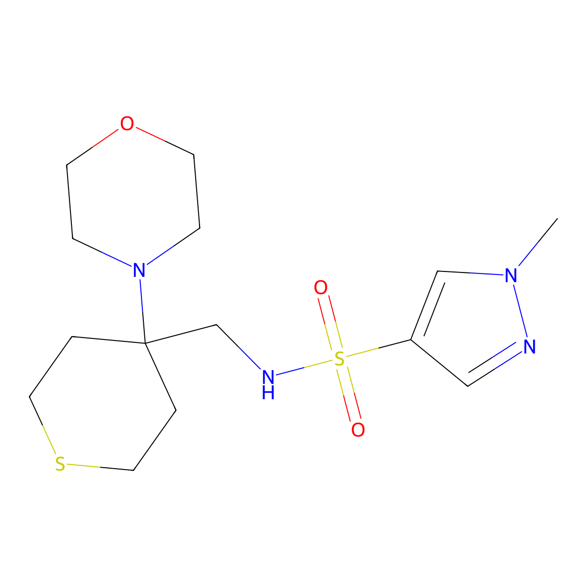 1-methyl-N-{[4-(morpholin-4-yl)thian-4-yl]methyl}-1H-pyrazole-4-sulfonamide molecular structure, CAS 2380088-34-4