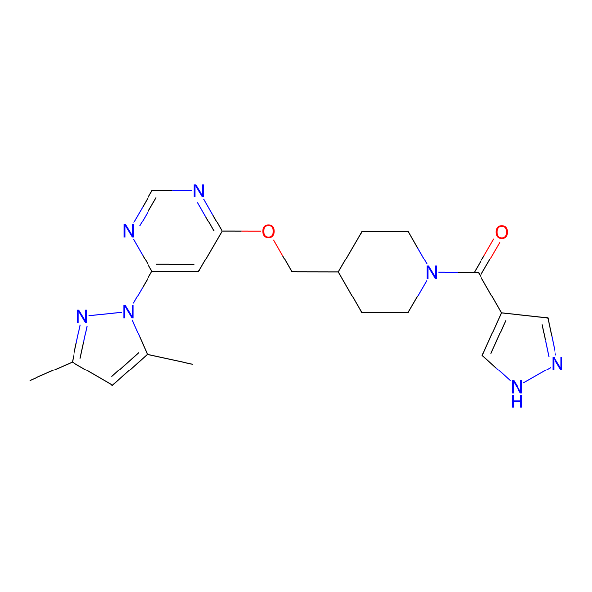 4-(3,5-dimethyl-1H-pyrazol-1-yl)-6-{[1-(1H-pyrazole-4-carbonyl)piperidin-4-yl]methoxy}pyrimidine molecular structure, CAS 2380088-45-7