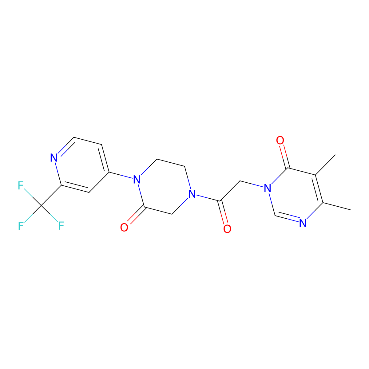 5,6-Dimethyl-3-(2-oxo-2-{3-oxo-4-[2-(trifluoromethyl)pyridin-4-yl]piperazin-1-yl}ethyl)-3,4-dihydropyrimidin-4-one molecular structure, CAS 2380088-55-9