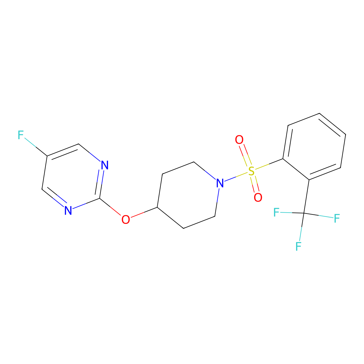 5-Fluoro-2-({1-[2-(trifluoromethyl)benzenesulfonyl]piperidin-4-yl}oxy)pyrimidine molecular structure, CAS 2380088-64-0