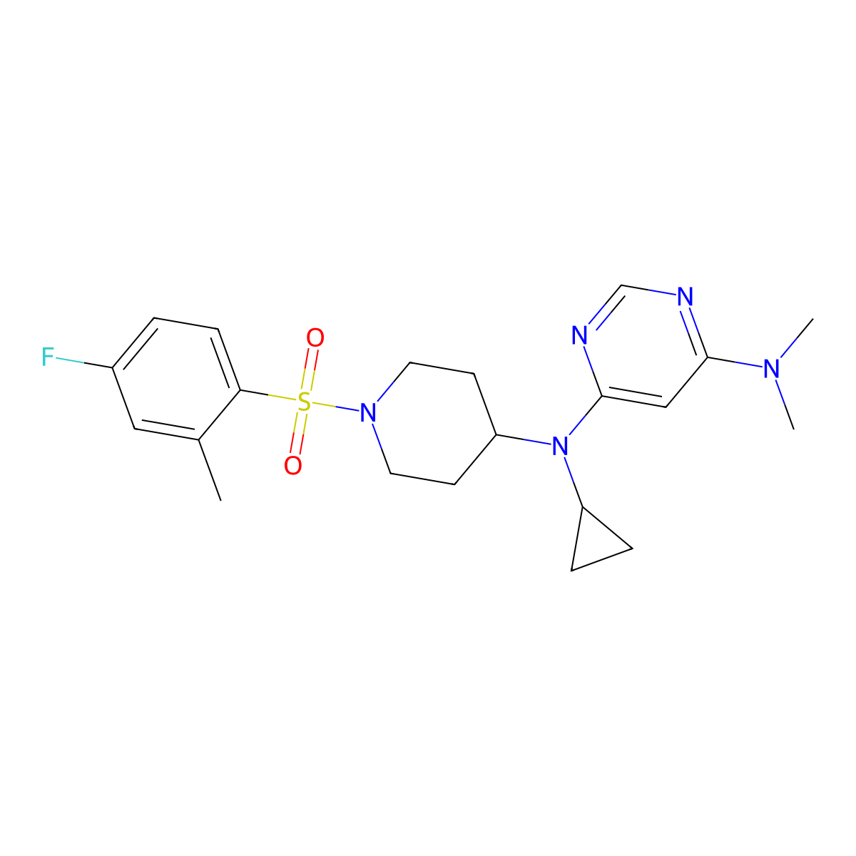 N4-cyclopropyl-N4-[1-(4-fluoro-2-methylbenzenesulfonyl)piperidin-4-yl]-N6,N6-dimethylpyrimidine-4,6-diamine molecular structure, CAS 2380088-91-3