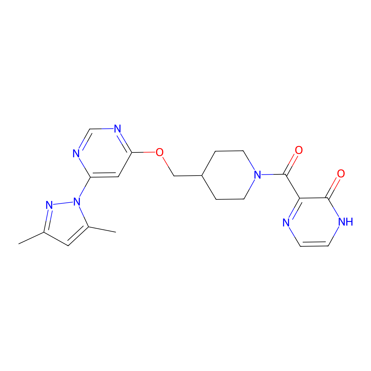 3-[4-({[6-(3,5-dimethyl-1H-pyrazol-1-yl)pyrimidin-4-yl]oxy}methyl)piperidine-1-carbonyl]-1,2-dihydropyrazin-2-one molecular structure, CAS 2380094-52-8