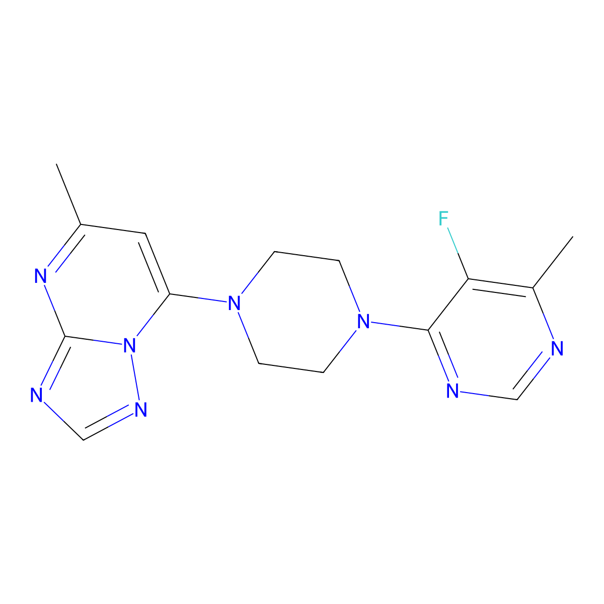 5-Fluoro-4-methyl-6-(4-{5-methyl-[1,2,4]triazolo[1,5-a]pyrimidin-7-yl}piperazin-1-yl)pyrimidine molecular structure, CAS 2380094-54-0
