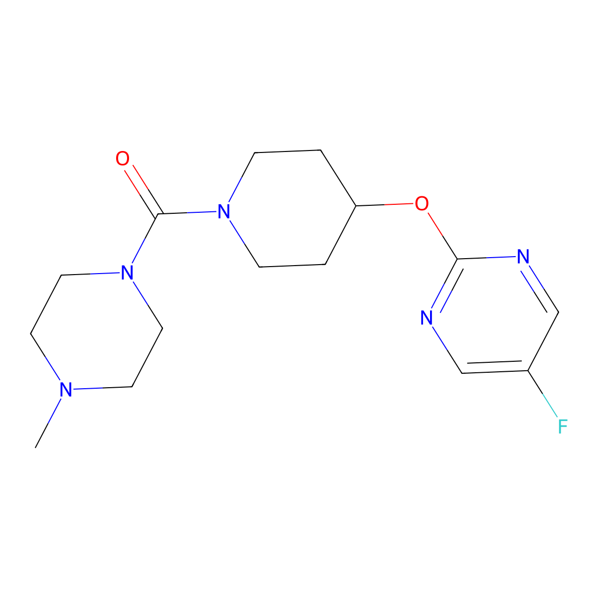 5-Fluoro-2-{[1-(4-methylpiperazine-1-carbonyl)piperidin-4-yl]oxy}pyrimidine molecular structure, CAS 2380095-07-6