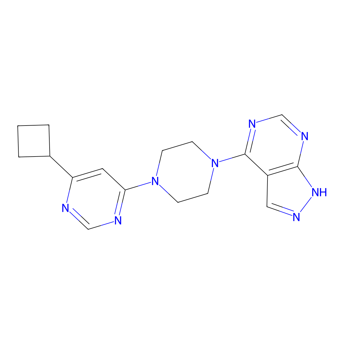 4-cyclobutyl-6-(4-{1H-pyrazolo[3,4-d]pyrimidin-4-yl}piperazin-1-yl)pyrimidine molecular structure, CAS 2380095-08-7