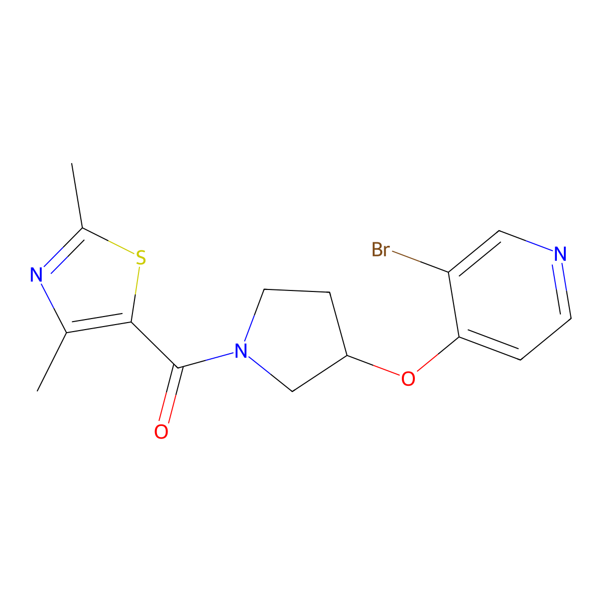 3-Bromo-4-{[1-(2,4-dimethyl-1,3-thiazole-5-carbonyl)pyrrolidin-3-yl]oxy}pyridine molecular structure, CAS 2380095-15-6