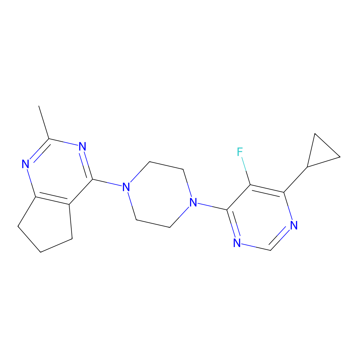 4-cyclopropyl-5-fluoro-6-(4-{2-methyl-5H,6H,7H-cyclopenta[d]pyrimidin-4-yl}piperazin-1-yl)pyrimidine molecular structure, CAS 2380095-24-7