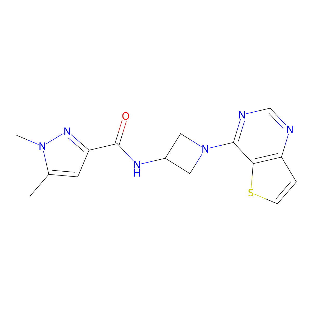 1,5-dimethyl-N-(1-{thieno[3,2-d]pyrimidin-4-yl}azetidin-3-yl)-1H-pyrazole-3-carboxamide molecular structure, CAS 2380095-43-0