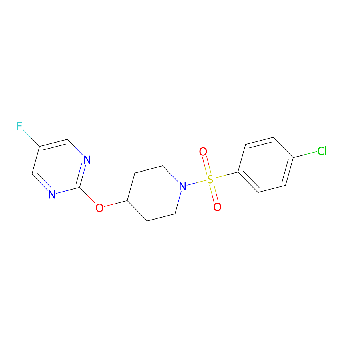 2-{[1-(4-Chlorobenzenesulfonyl)piperidin-4-yl]oxy}-5-fluoropyrimidine molecular structure, CAS 2380095-50-9