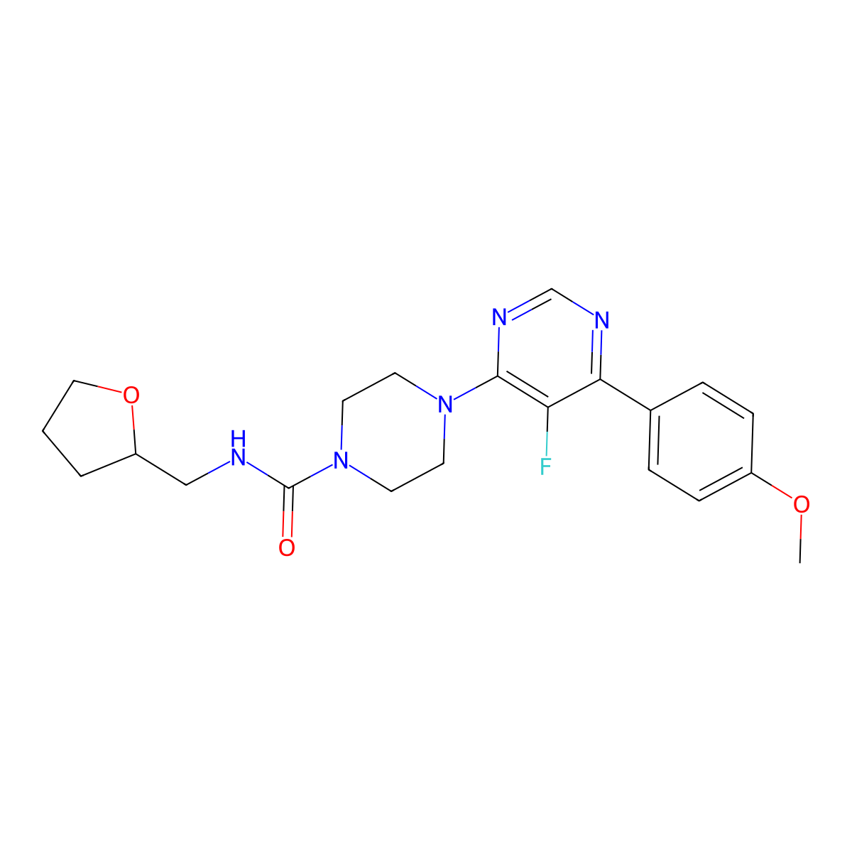 4-[5-fluoro-6-(4-methoxyphenyl)pyrimidin-4-yl]-N-[(oxolan-2-yl)methyl]piperazine-1-carboxamide molecular structure, CAS 2380095-51-0