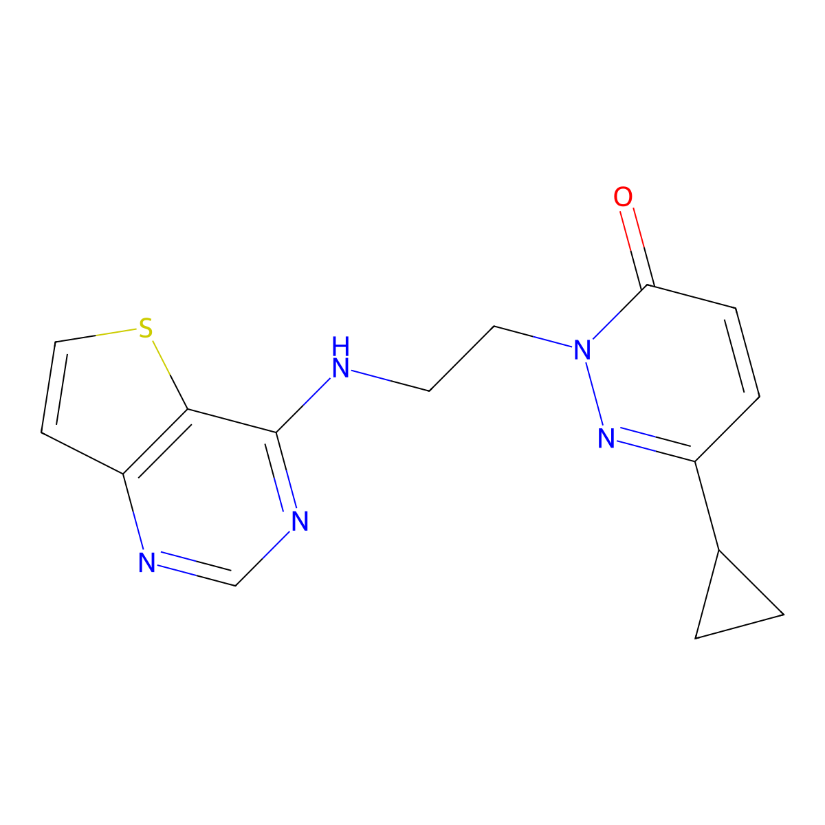 6-Cyclopropyl-2-[2-({thieno[3,2-d]pyrimidin-4-yl}amino)ethyl]-2,3-dihydropyridazin-3-one molecular structure, CAS 2380095-79-2