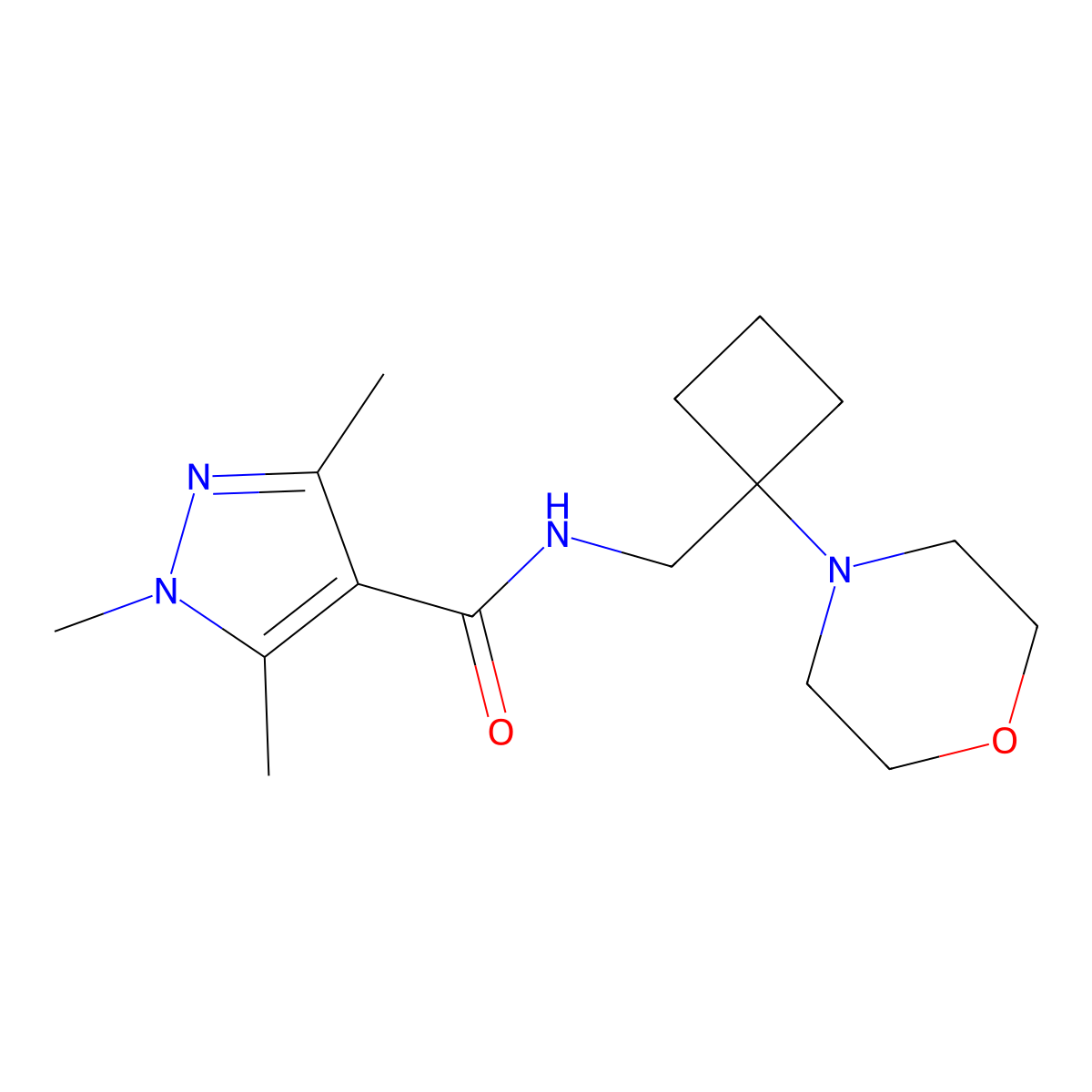 1,3,5-trimethyl-N-{[1-(morpholin-4-yl)cyclobutyl]methyl}-1H-pyrazole-4-carboxamide molecular structure, CAS 2380095-80-5