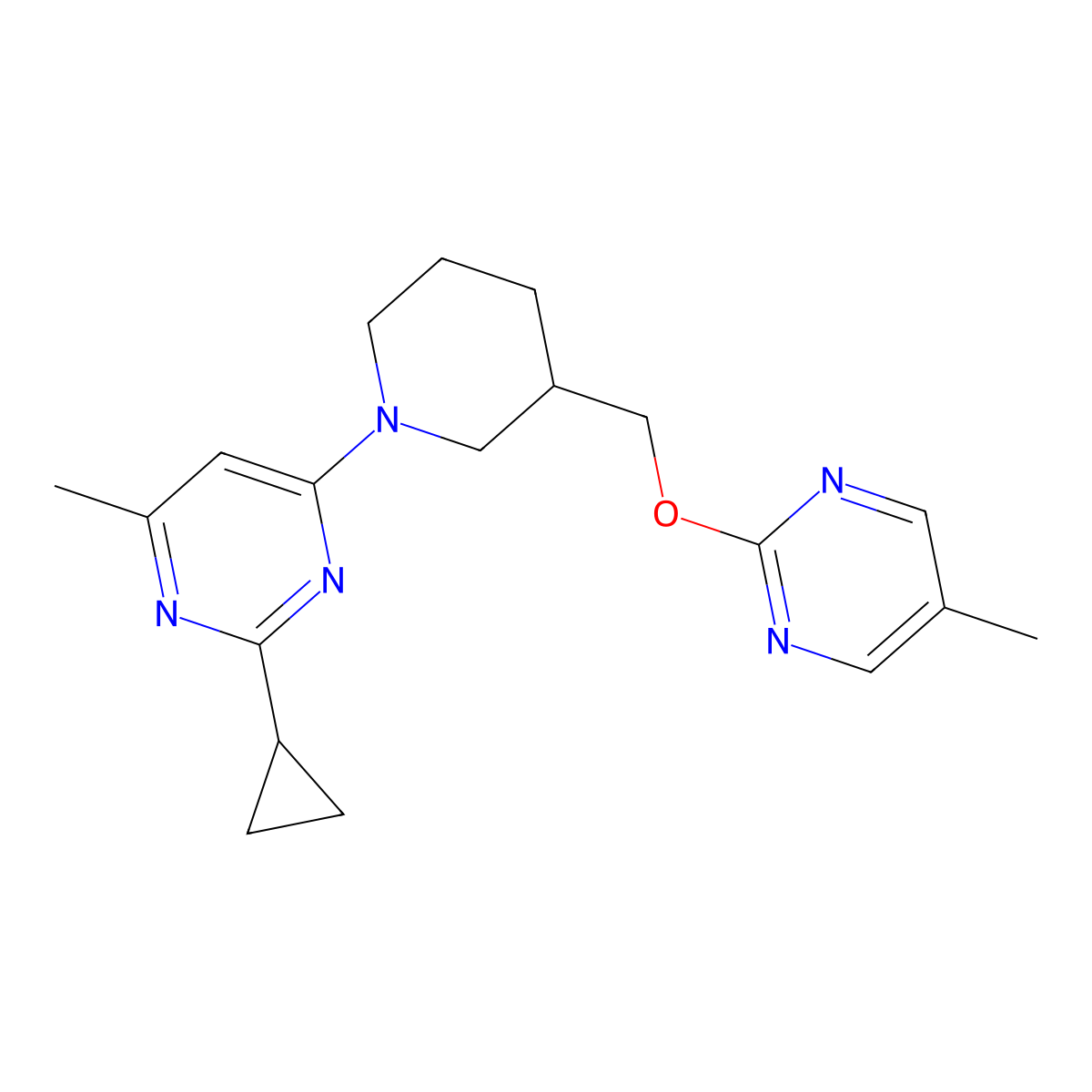 2-Cyclopropyl-4-methyl-6-(3-{[(5-methylpyrimidin-2-yl)oxy]methyl}piperidin-1-yl)pyrimidine molecular structure, CAS 2380095-90-7