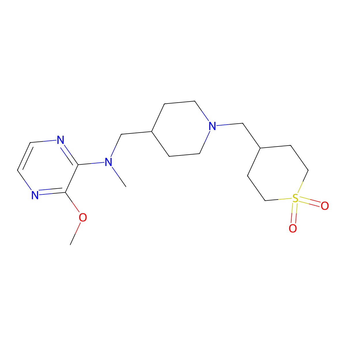 4-[(4-{[(3-Methoxypyrazin-2-yl)(methyl)amino]methyl}piperidin-1-yl)methyl]-1lambda6-thiane-1,1-dione molecular structure, CAS 2380096-46-6