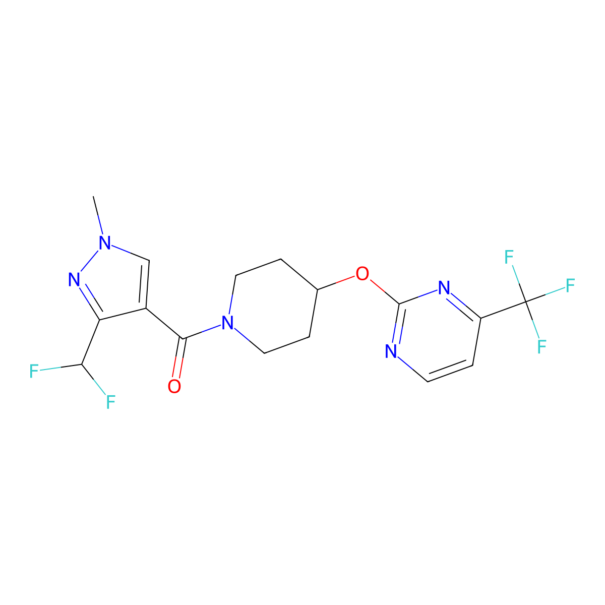 2-({1-[3-(difluoromethyl)-1-methyl-1H-pyrazole-4-carbonyl]piperidin-4-yl}oxy)-4-(trifluoromethyl)pyrimidine molecular structure, CAS 2380096-67-1