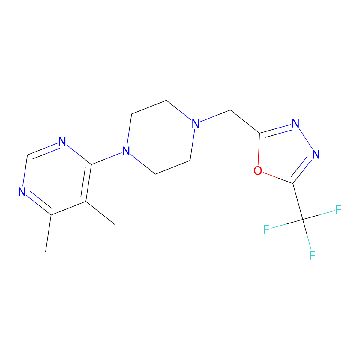 4,5-Dimethyl-6-(4-{[5-(trifluoromethyl)-1,3,4-oxadiazol-2-yl]methyl}piperazin-1-yl)pyrimidine molecular structure, CAS 2380096-70-6