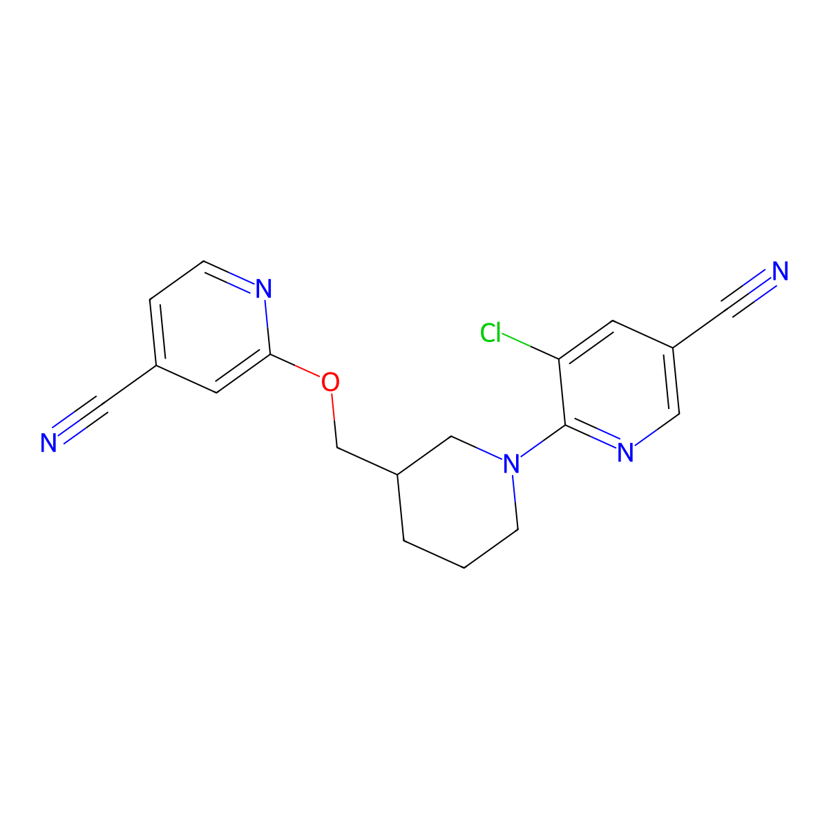5-Chloro-6-(3-{[(4-cyanopyridin-2-yl)oxy]methyl}piperidin-1-yl)pyridine-3-carbonitrile molecular structure, CAS 2380096-96-6