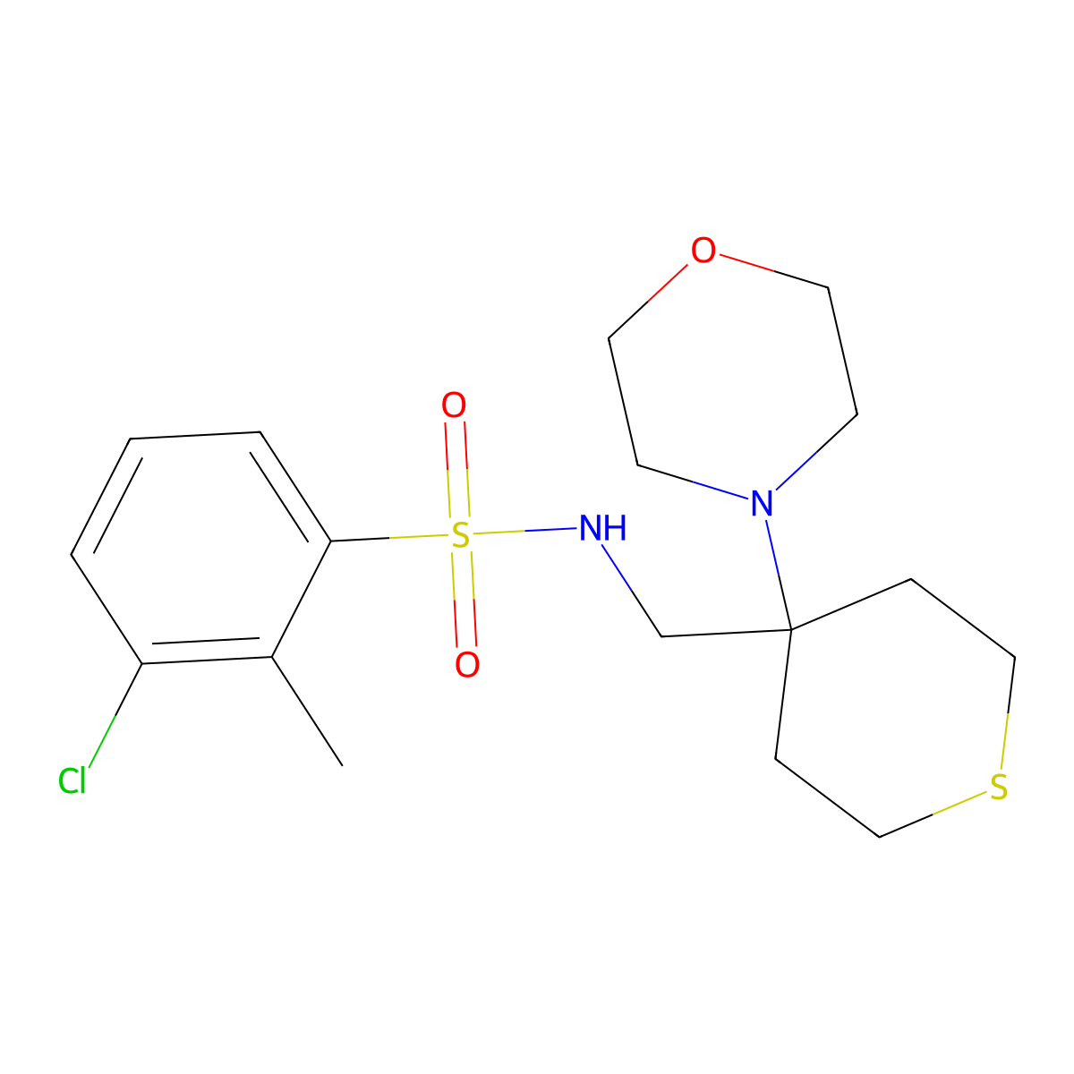 3-chloro-2-methyl-N-{[4-(morpholin-4-yl)thian-4-yl]methyl}benzene-1-sulfonamide molecular structure, CAS 2380096-98-8