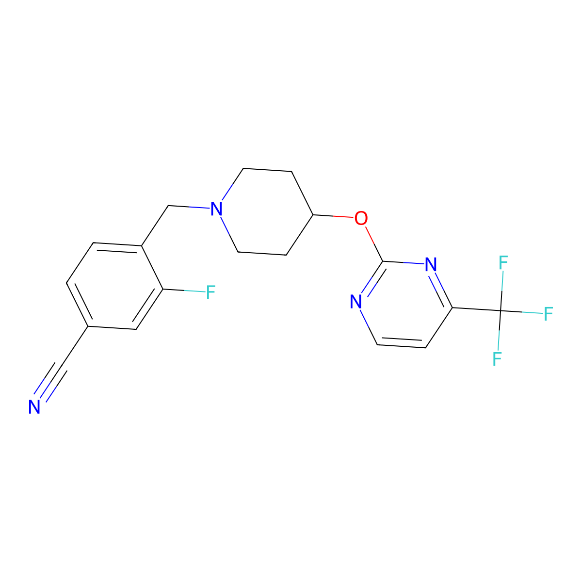 3-Fluoro-4-[(4-{[4-(trifluoromethyl)pyrimidin-2-yl]oxy}piperidin-1-yl)methyl]benzonitrile molecular structure, CAS 2380097-07-2