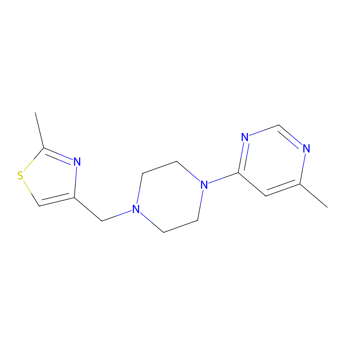 4-Methyl-6-{4-[(2-methyl-1,3-thiazol-4-yl)methyl]piperazin-1-yl}pyrimidine molecular structure, CAS 2380097-10-7