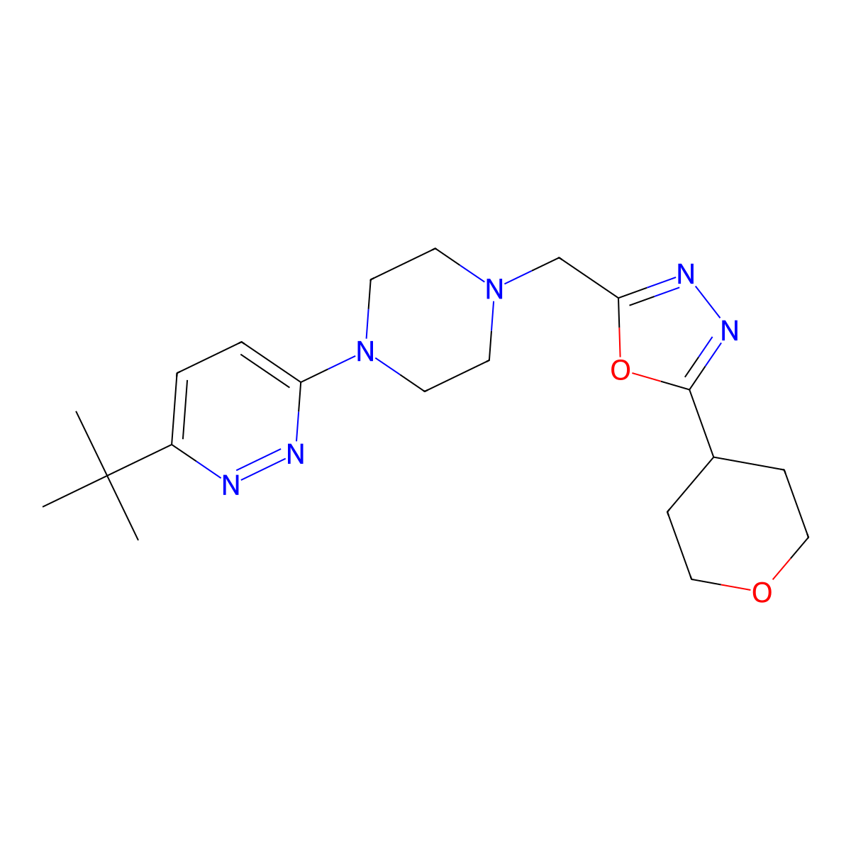 3-Tert-butyl-6-(4-{[5-(oxan-4-yl)-1,3,4-oxadiazol-2-yl]methyl}piperazin-1-yl)pyridazine molecular structure, CAS 2380097-17-4