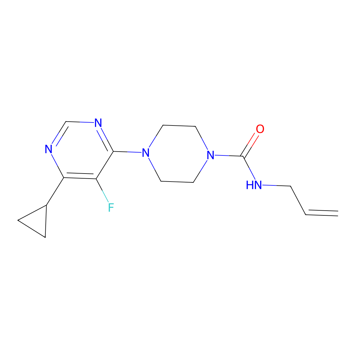 4-(6-cyclopropyl-5-fluoropyrimidin-4-yl)-N-(prop-2-en-1-yl)piperazine-1-carboxamide molecular structure, CAS 2380097-23-2