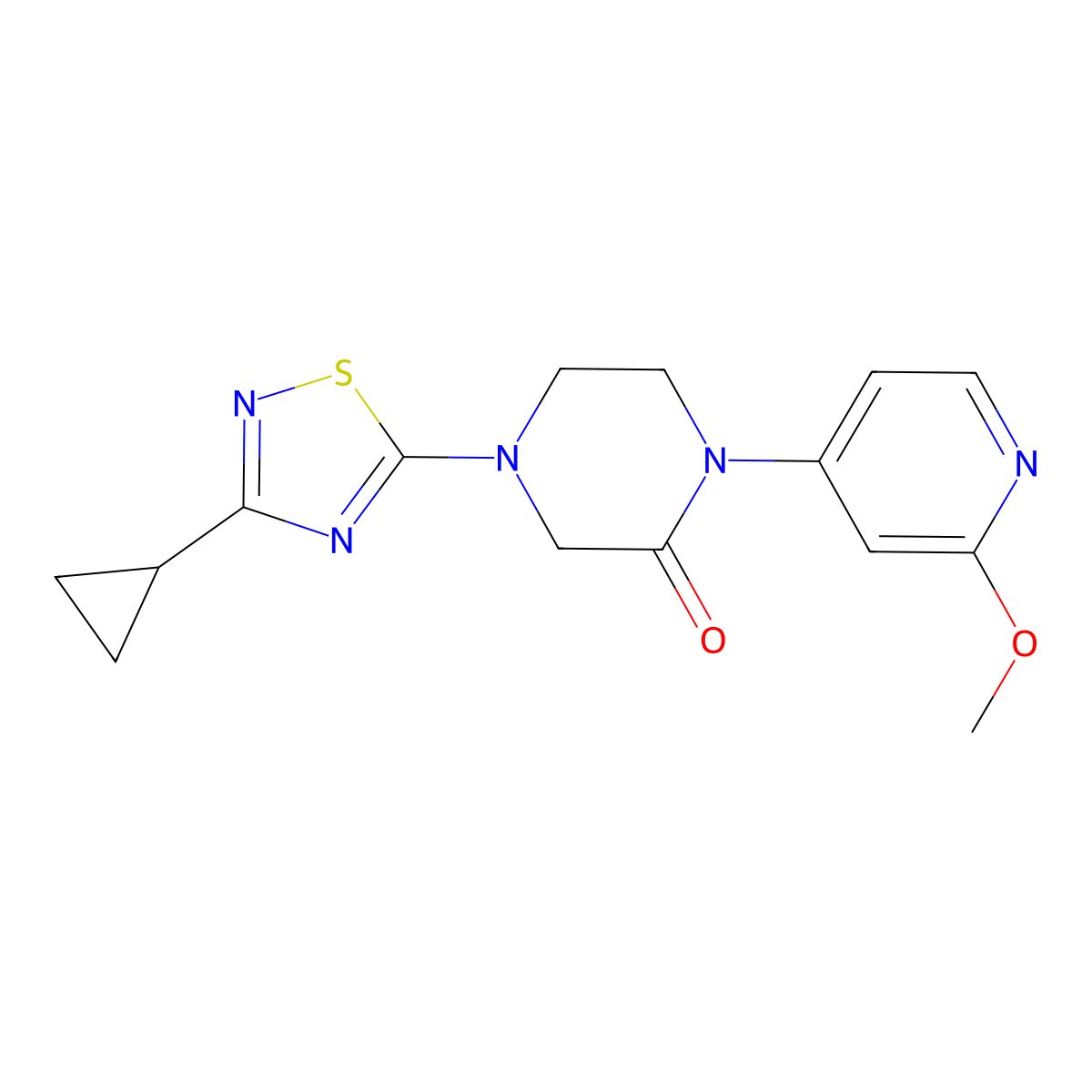 4-(3-Cyclopropyl-1,2,4-thiadiazol-5-yl)-1-(2-methoxypyridin-4-yl)piperazin-2-one molecular structure, CAS 2380097-28-7