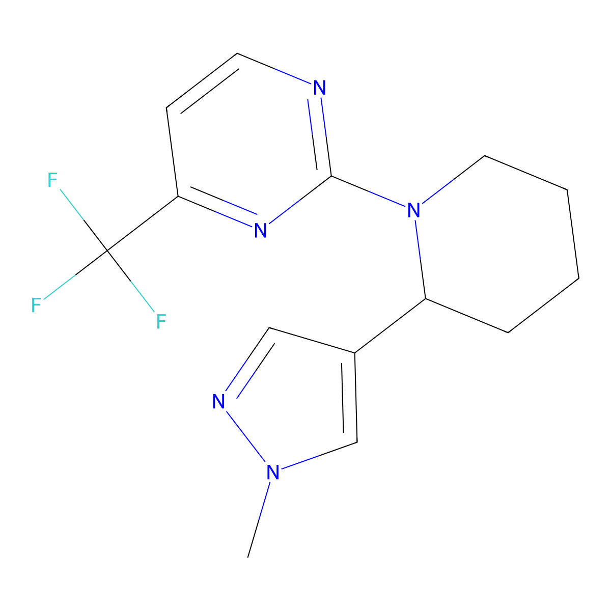 2-[2-(1-methyl-1H-pyrazol-4-yl)piperidin-1-yl]-4-(trifluoromethyl)pyrimidine molecular structure, CAS 2380097-35-6