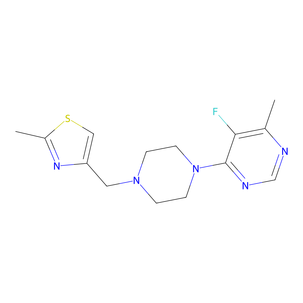 5-Fluoro-4-methyl-6-{4-[(2-methyl-1,3-thiazol-4-yl)methyl]piperazin-1-yl}pyrimidine molecular structure, CAS 2380097-42-5
