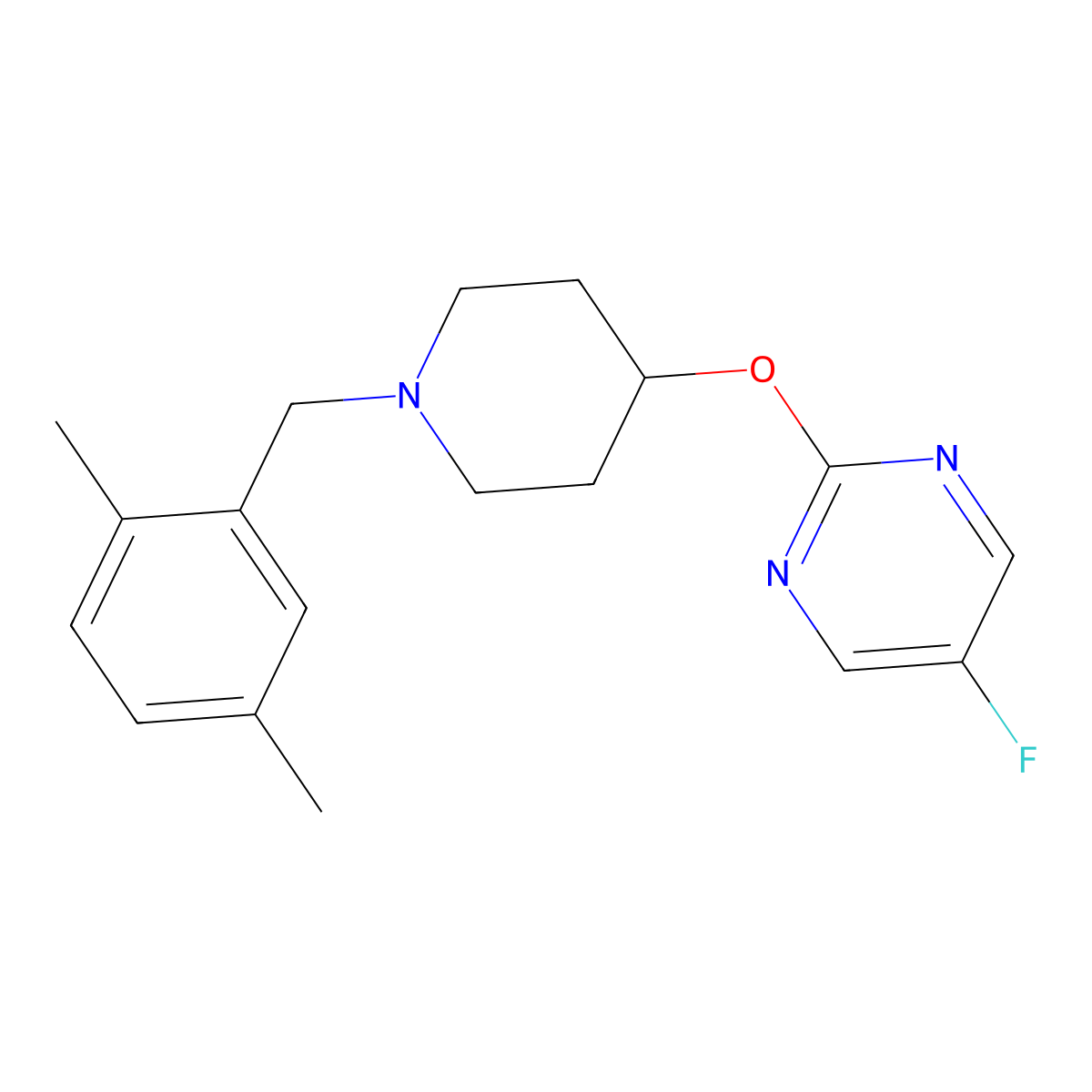 2-({1-[(2,5-Dimethylphenyl)methyl]piperidin-4-yl}oxy)-5-fluoropyrimidine molecular structure, CAS 2380097-43-6