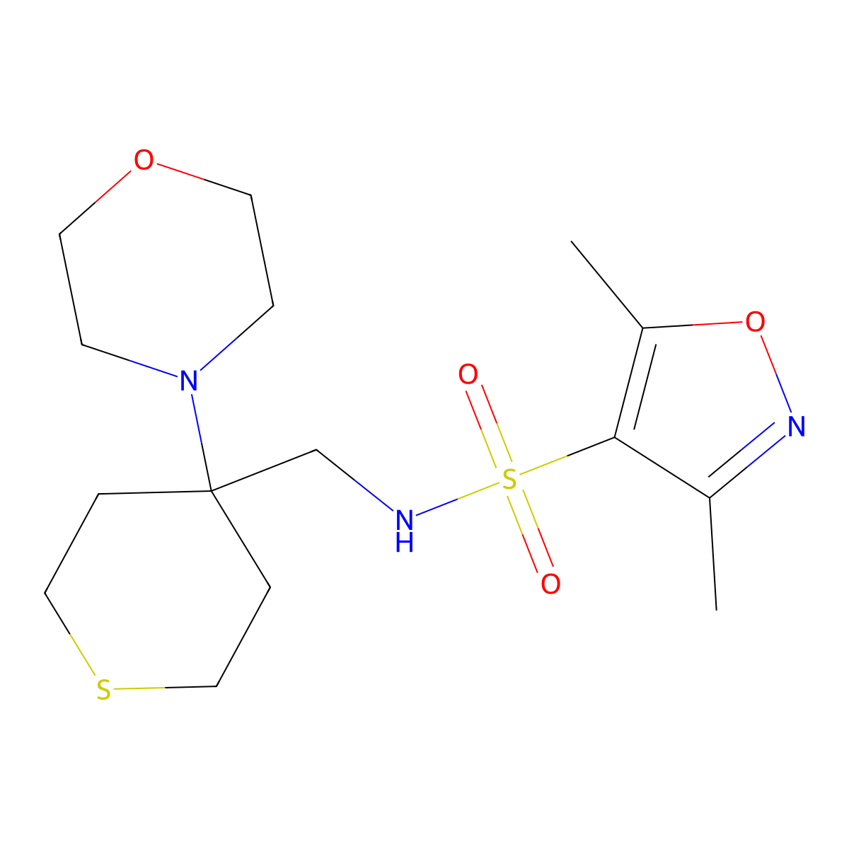 3,5-dimethyl-N-{[4-(morpholin-4-yl)thian-4-yl]methyl}-1,2-oxazole-4-sulfonamide molecular structure, CAS 2380097-51-6