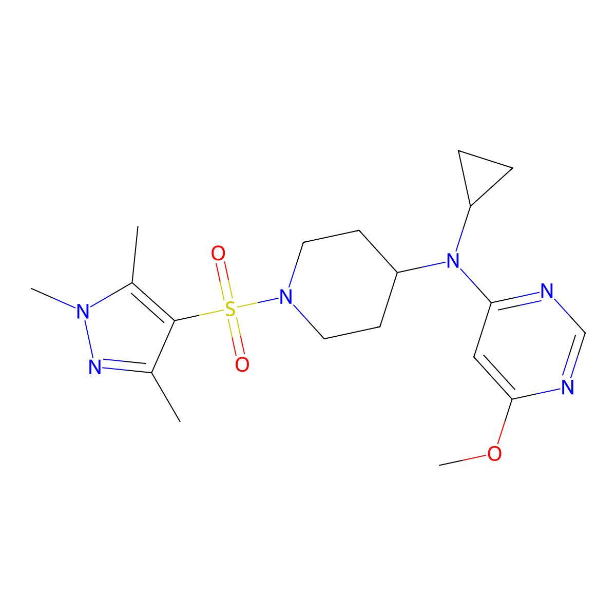 N-cyclopropyl-6-methoxy-N-{1-[(1,3,5-trimethyl-1H-pyrazol-4-yl)sulfonyl]piperidin-4-yl}pyrimidin-4-amine molecular structure, CAS 2380097-53-8