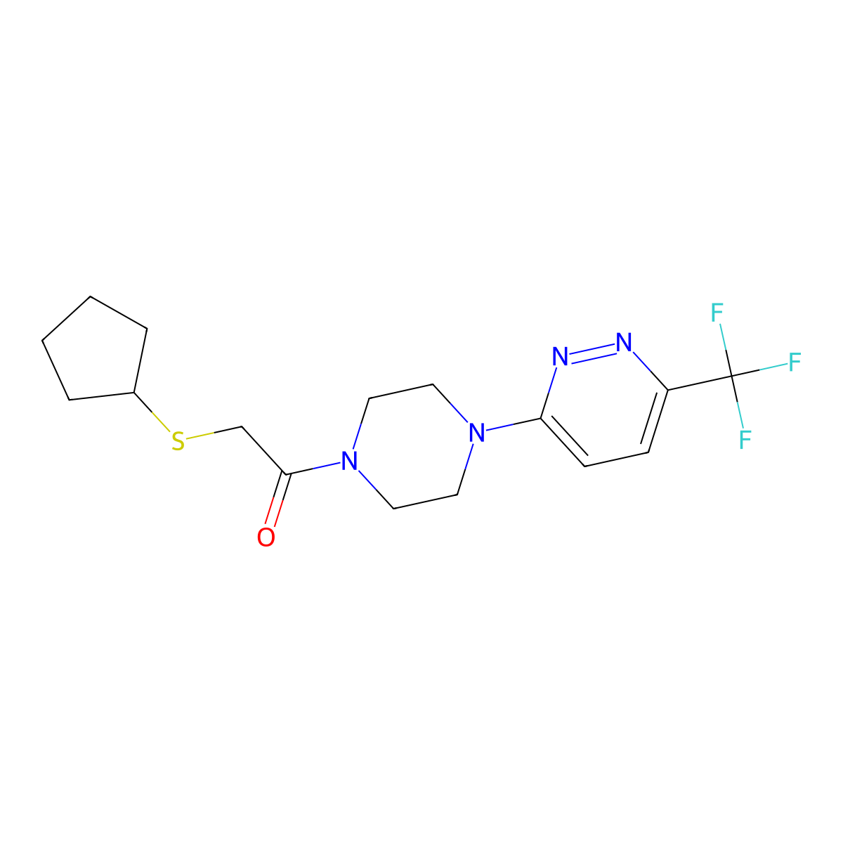 2-(Cyclopentylsulfanyl)-1-{4-[6-(trifluoromethyl)pyridazin-3-yl]piperazin-1-yl}ethan-1-one molecular structure, CAS 2380097-58-3