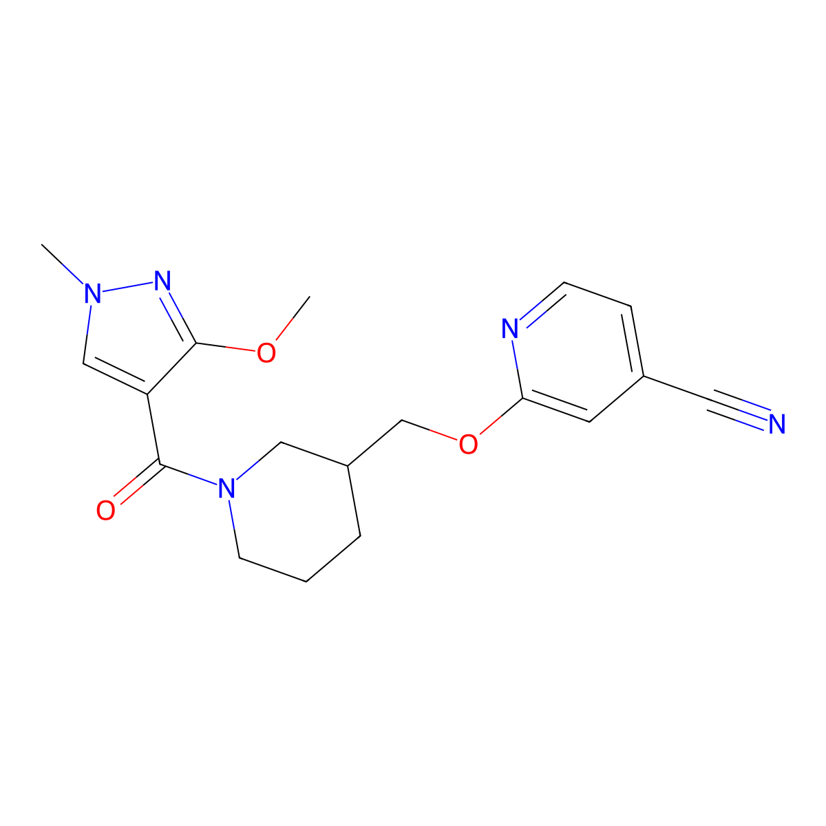 2-{[1-(3-methoxy-1-methyl-1H-pyrazole-4-carbonyl)piperidin-3-yl]methoxy}pyridine-4-carbonitrile molecular structure, CAS 2380097-71-0