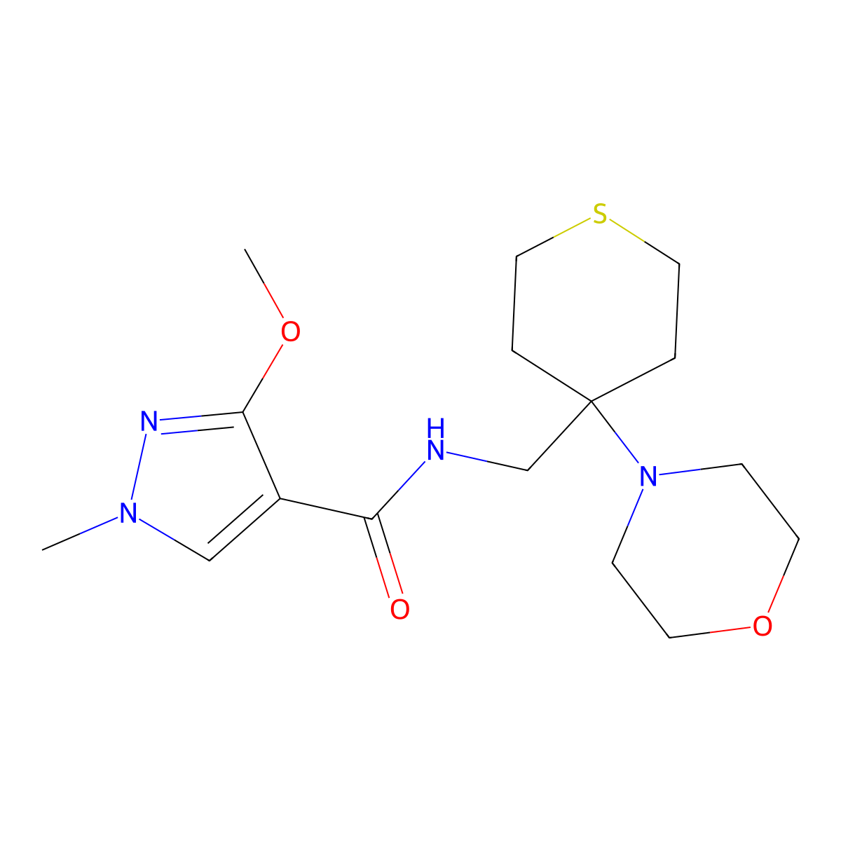 3-methoxy-1-methyl-N-{[4-(morpholin-4-yl)thian-4-yl]methyl}-1H-pyrazole-4-carboxamide molecular structure, CAS 2380097-92-5
