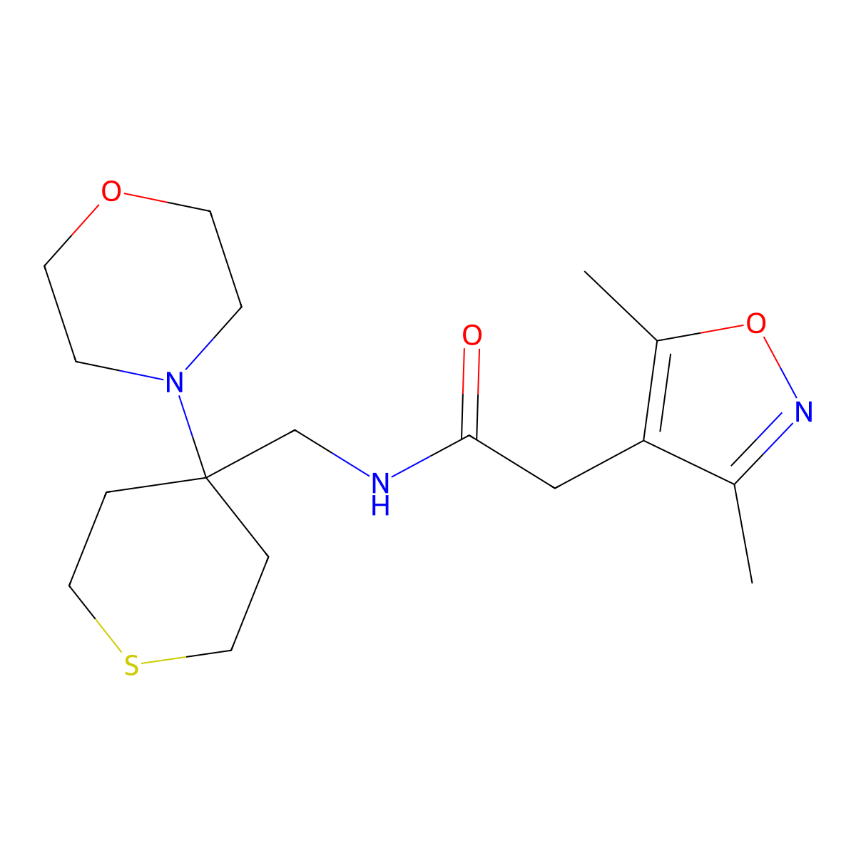 2-(3,5-dimethyl-1,2-oxazol-4-yl)-N-{[4-(morpholin-4-yl)thian-4-yl]methyl}acetamide molecular structure, CAS 2380098-00-8