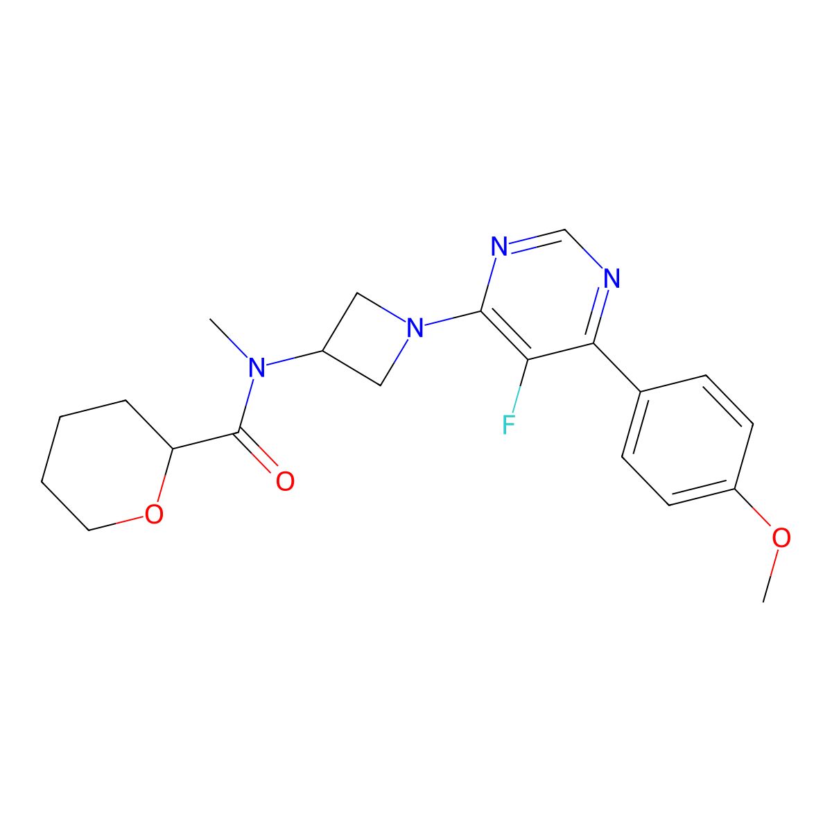 N-{1-[5-fluoro-6-(4-methoxyphenyl)pyrimidin-4-yl]azetidin-3-yl}-N-methyloxane-2-carboxamide molecular structure, CAS 2380098-36-0