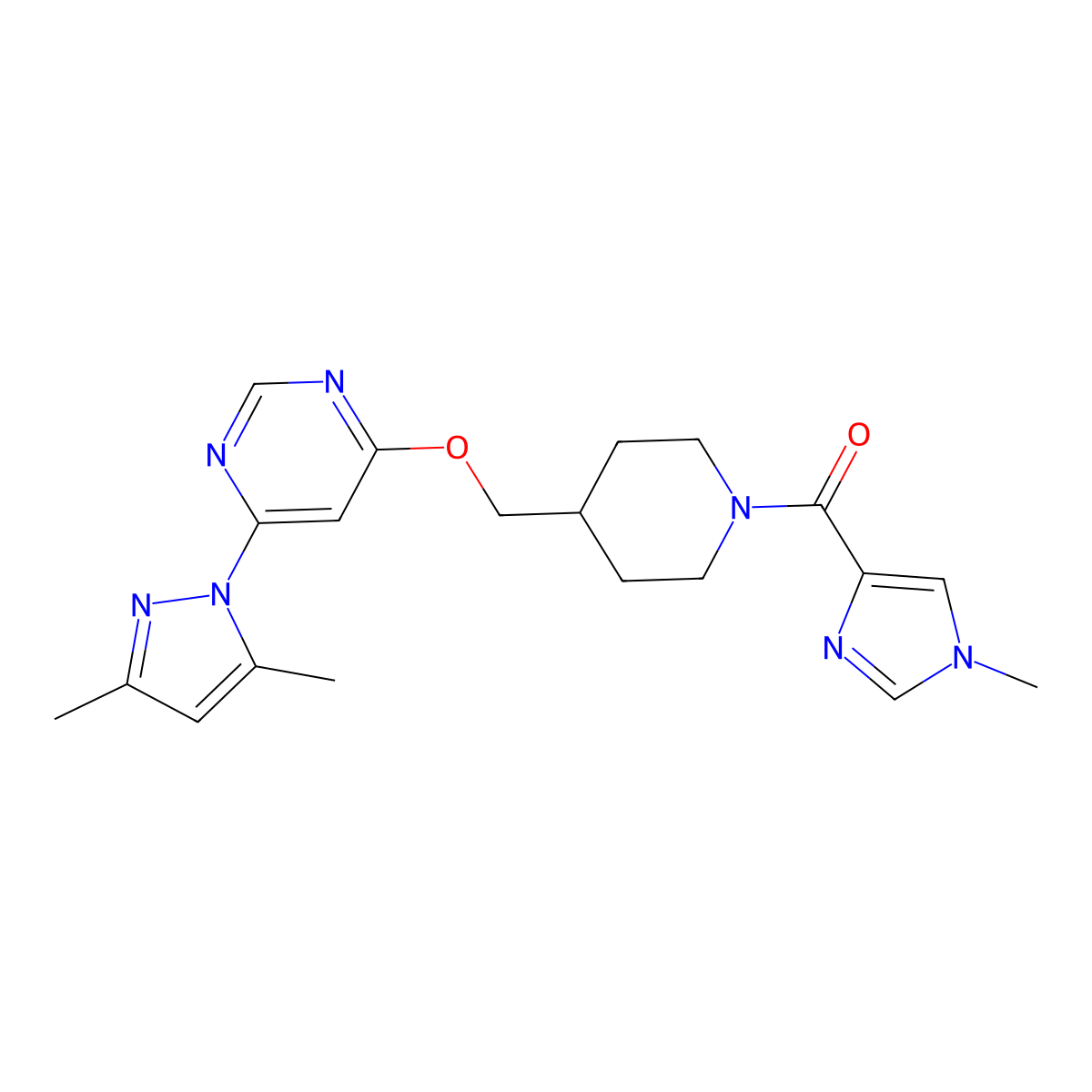 4-(3,5-dimethyl-1H-pyrazol-1-yl)-6-{[1-(1-methyl-1H-imidazole-4-carbonyl)piperidin-4-yl]methoxy}pyrimidine molecular structure, CAS 2380098-42-8