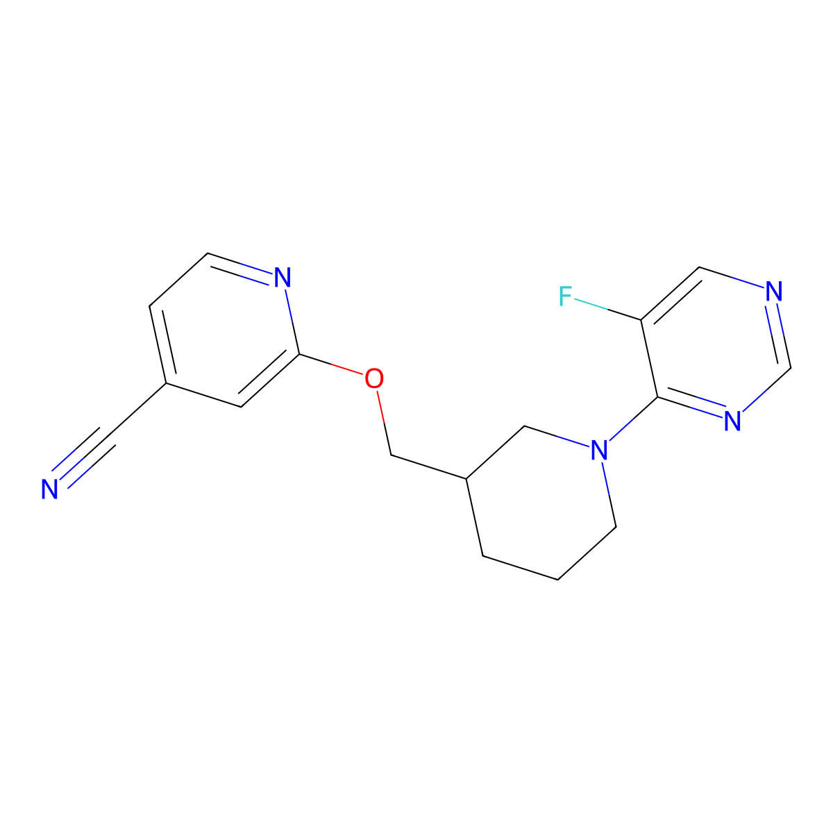 2-{[1-(5-Fluoropyrimidin-4-yl)piperidin-3-yl]methoxy}pyridine-4-carbonitrile molecular structure, CAS 2380098-46-2
