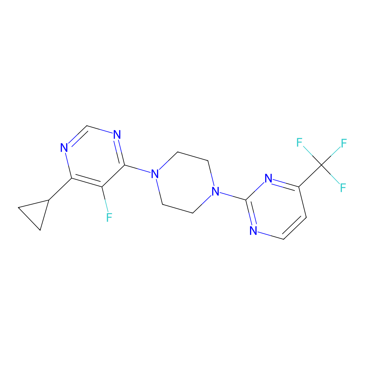 4-Cyclopropyl-5-fluoro-6-{4-[4-(trifluoromethyl)pyrimidin-2-yl]piperazin-1-yl}pyrimidine molecular structure, CAS 2380098-59-7