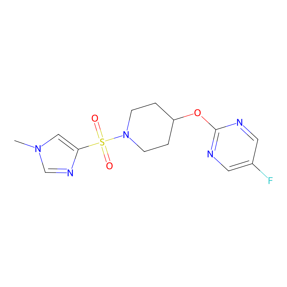 5-fluoro-2-({1-[(1-methyl-1H-imidazol-4-yl)sulfonyl]piperidin-4-yl}oxy)pyrimidine molecular structure, CAS 2380098-69-9