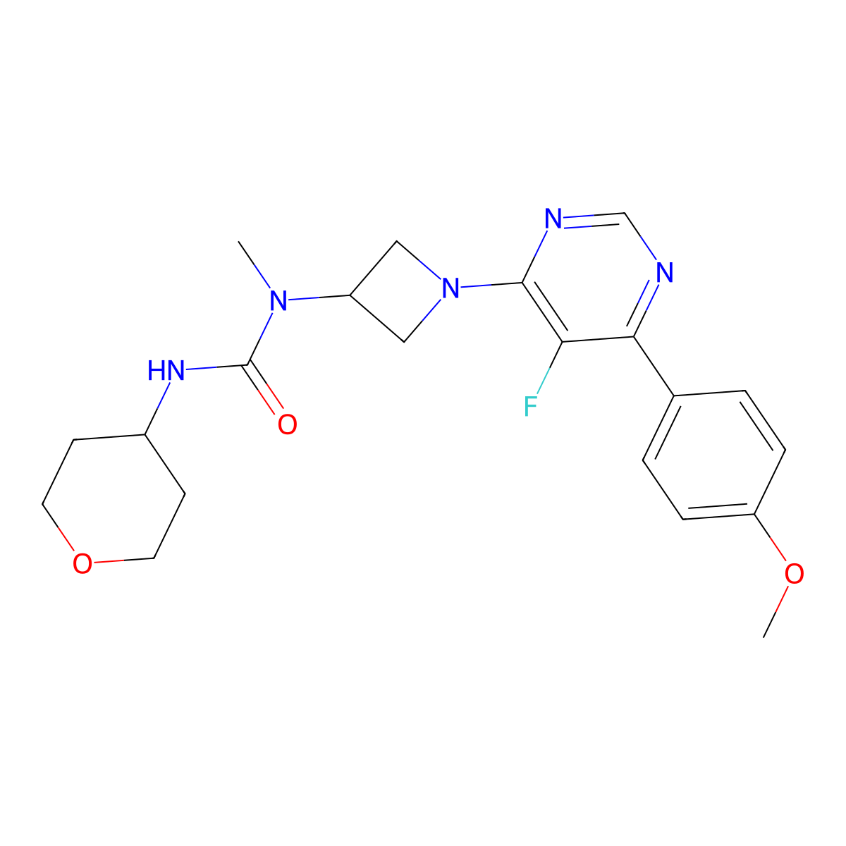3-{1-[5-Fluoro-6-(4-methoxyphenyl)pyrimidin-4-yl]azetidin-3-yl}-3-methyl-1-(oxan-4-yl)urea molecular structure, CAS 2380098-83-7