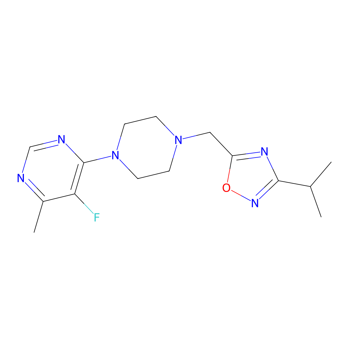 5-Fluoro-4-methyl-6-(4-{[3-(propan-2-yl)-1,2,4-oxadiazol-5-yl]methyl}piperazin-1-yl)pyrimidine molecular structure, CAS 2380098-94-0