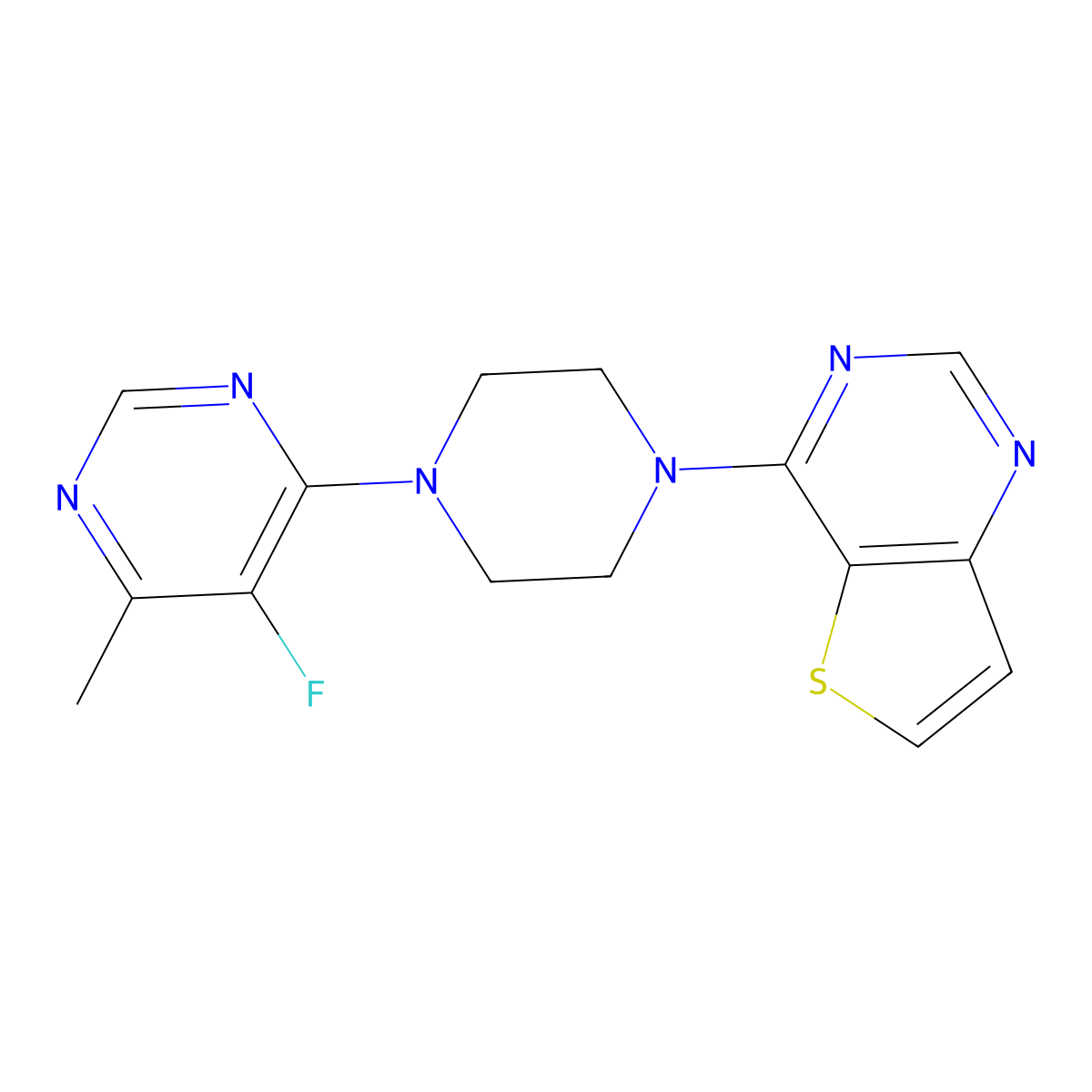 5-Fluoro-4-methyl-6-(4-{thieno[3,2-d]pyrimidin-4-yl}piperazin-1-yl)pyrimidine molecular structure, CAS 2380098-95-1