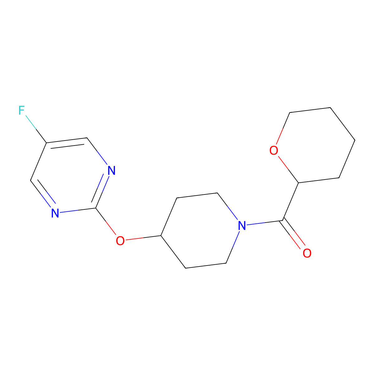 5-Fluoro-2-{[1-(oxane-2-carbonyl)piperidin-4-yl]oxy}pyrimidine molecular structure, CAS 2380098-99-5